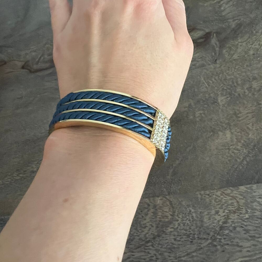 Ann Taylor Loft Blue Rope Rhinestone Studded Chunky Hinged Cuff Bangle Bracelet - Picture 5 of 7
